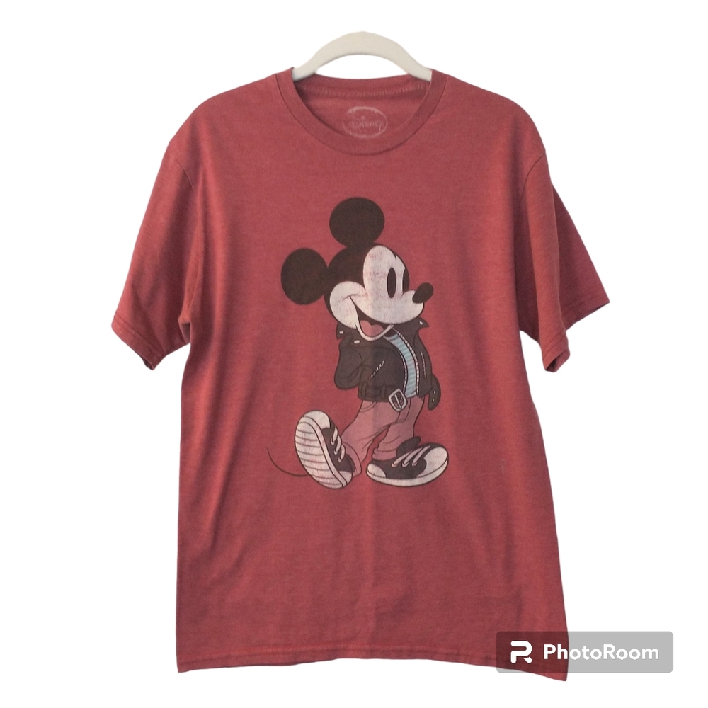 Men's Disney Mickey Mouse With Leather Jacket Short Sleeve Shirt Size Medium